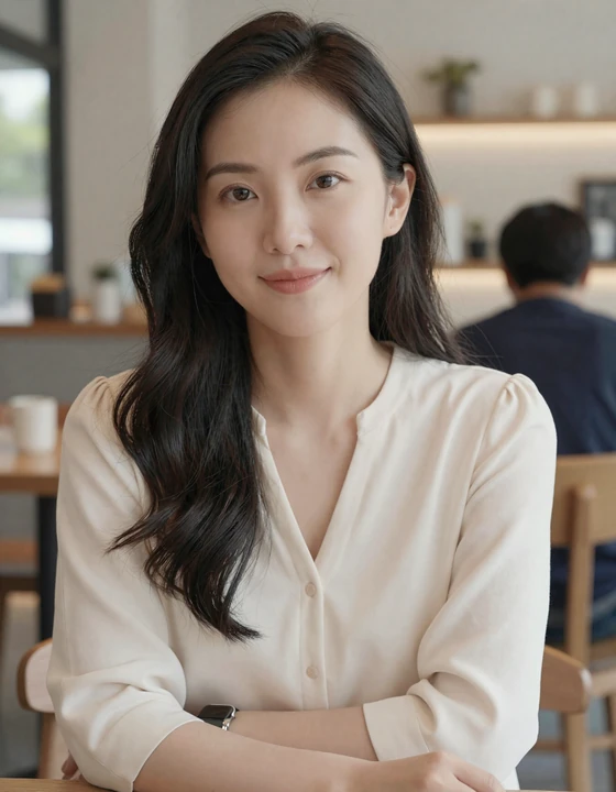 Mina smiling in a bright cafe as an example of a real-looking Nikadate profile for asian online dating
